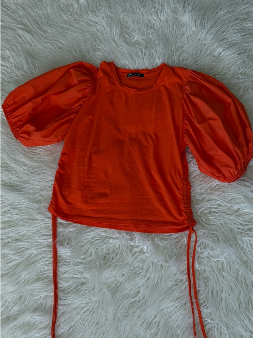 Zara Orange Crewneck Tee with Voluminous Puff Sleeves